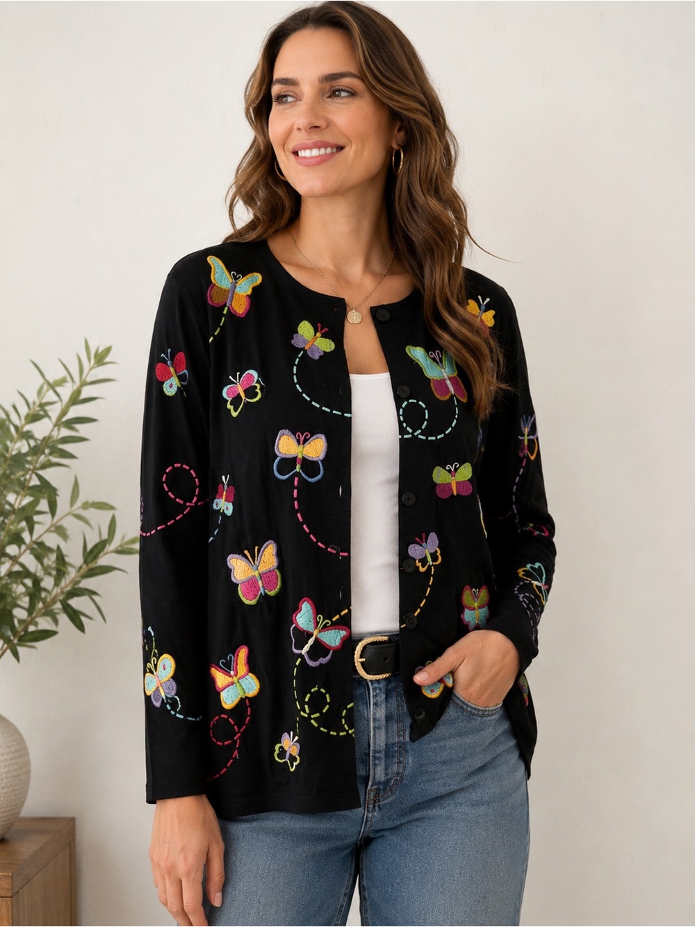 Michael Simon Cardigan Womens Large Black Embroidered Butterfly Novelty Art Wear